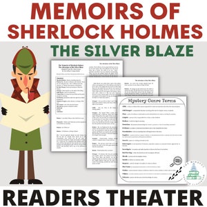 May include: A colorful illustration of Sherlock Holmes, a famous detective, reading a book. The text on the page reads "The Memoirs of Sherlock Holmes The Adventure of the Silver Blaze". The image also includes a list of mystery genre terms, such as "cliffhanger", "culprit", and "red herring".