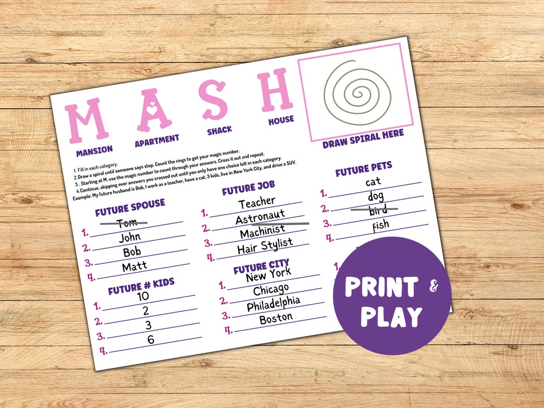 Slumber Party Games, Mash Printable Party Game, Birthday, Sleepover ...
