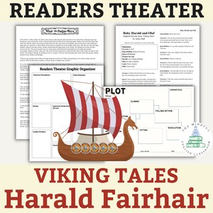 Può includere: Uno script di teatro per lettori stampabile per un'opera su Baby Harald e Olaf, adattato dal libro "Viking Tales". La sceneggiatura include un diagramma della trama, descrizioni dei personaggi e un riepilogo della scena. L'immagine presenta anche un'illustrazione di cartoni animati di una nave vichinga.