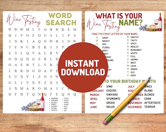 Wine Tasting Party, Printable Games, Word Search, Wine Name, Instant Download, Girls Night, Engagement, Bachelorette, Date Night, Birthday