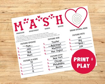 Valentine&#39;s MASH Game Printable: Party Activity (PDF)