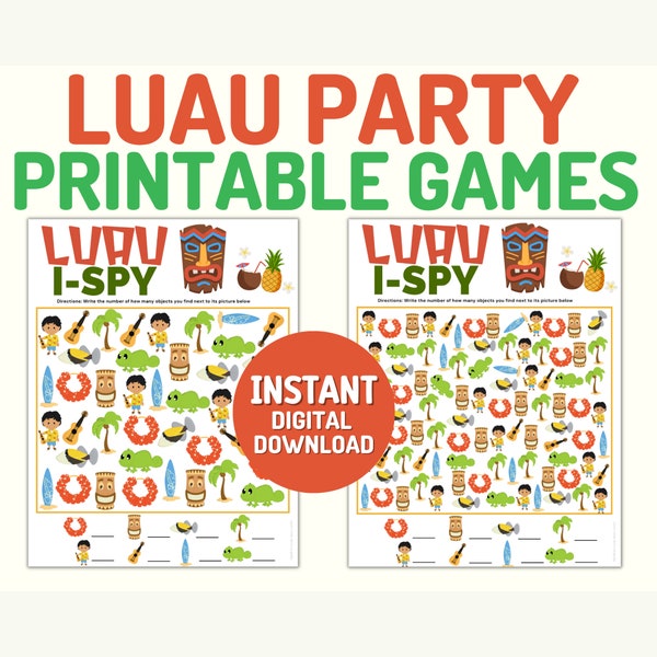 Luau Party ISpy | Birthday Games | Family Game Night | Office Party | Printable Games | Instant Download | Kids and Adult Party Ideas