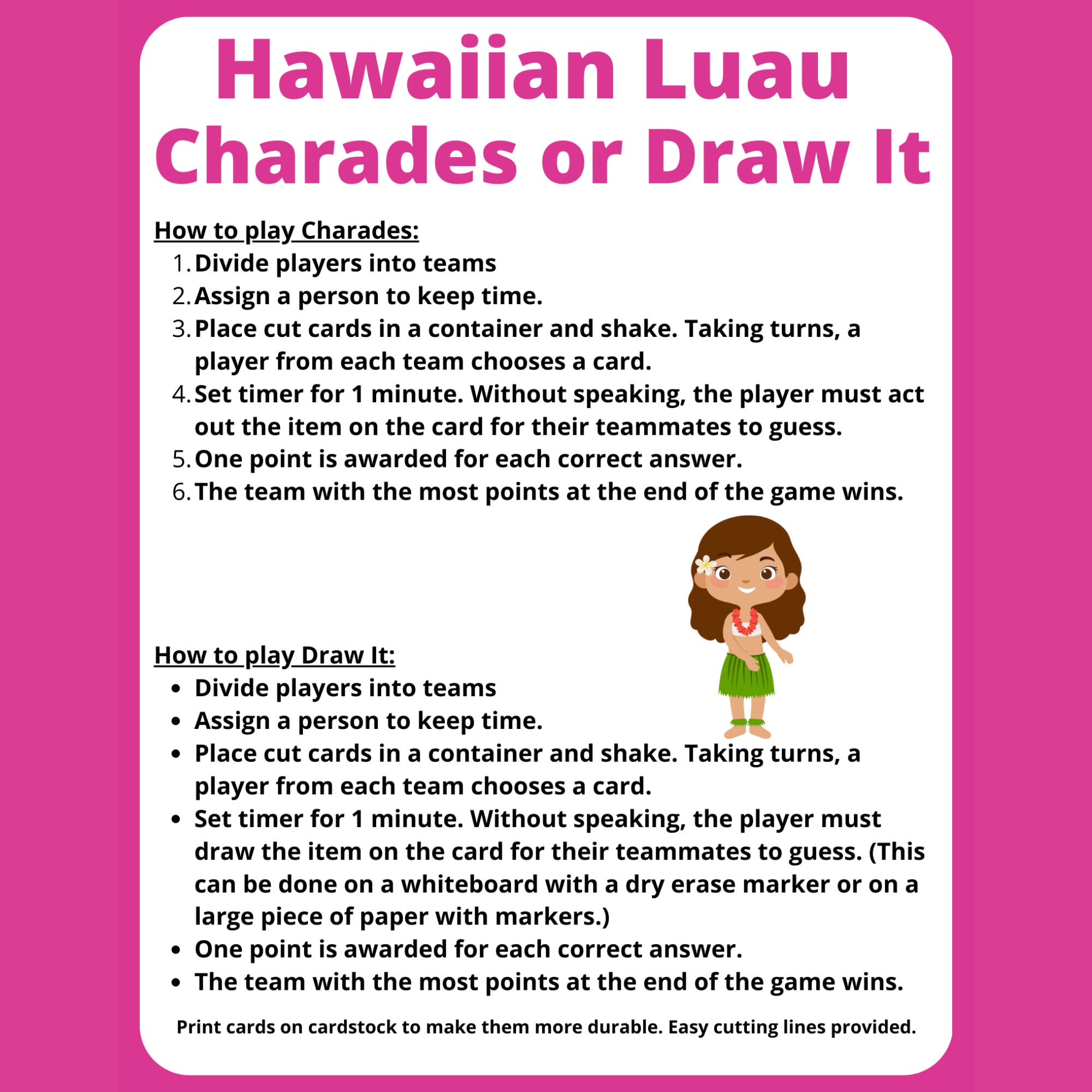 Hawaiian Luau Printable Party Games | Charades or Draw It Cards ...