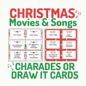 Weihnachtsspielabend | Scharade oder Draw It Karten | Filme & Lieder |Sofortiger digitaler Download | Druckbares Partyspiel