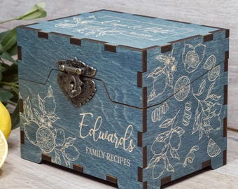 Caja de madera personalizada grabada para recetas con separadores y tarjetas de recetas, diseño de limón y cítricos.