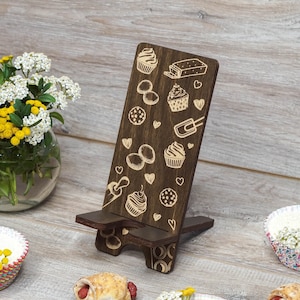 Wood Phone Holder with Cupcakes For Kitchen Counter, Personalized Engraved Phone Stand, Phone Docking Station, Desk Accessory, iPhone Holder