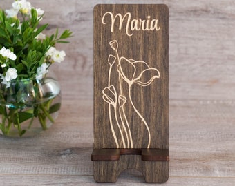 Wood Phone Stand with Poppy Flowers For Desk, Personalized Engraved Phone Holder, Wooden Phone Docking Station, Desk Accessory iPhone Holder