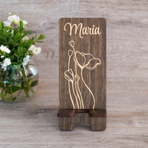 Wood Phone Stand with Poppy Flowers For Desk, Personalized Engraved Phone Holder, Wooden Phone Docking Station, Desk Accessory iPhone Holder