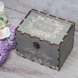 Personalized wood recipe box with flowers, dividers & 4x6 recipe cards Engraved box with floral frame Custom wooden recipe card box