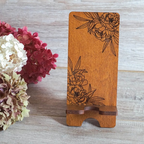 Wood Phone Holder with Peonies For Desk, Personalized Engraved Phone Stand, Wooden Phone Docking Station, Desk Accessory, iPhone Holder