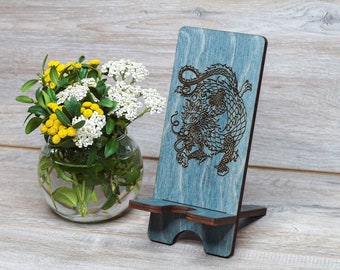 Wood Phone Holder With Dragon For Desk, Gift For Him Personalized Engraved Phone Stand, Wooden Phone Docking Station, iPhone Holder For Men