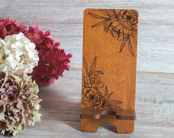 Wood Phone Holder with Peonies For Desk, Personalized Engraved Phone Stand, Wooden Phone Docking Station, Desk Accessory, iPhone Holder