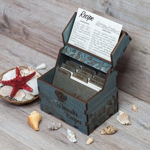 Recipe box with Seashells, dividers & 4x6 recipe cards Personalized engraved wood Nautical box Marine Bridal shower Mothers day Christmas