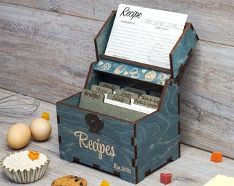 Wood recipe box with dividers & 4x6 recipe cards with cupcakes Personalized engraved wooden box Custom recipe card box