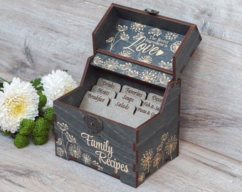 Personalized wood recipe box with dandelions, dividers & 4x6 recipe cards Engraved box Custom wooden recipe card box