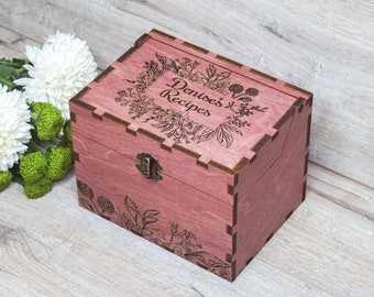 Recipe Box With Floral Frame, Dividers & 4x6 Recipe Cards Personalized Dark Engraved Wood Box for Bridal Shower, Mothers Day Gift