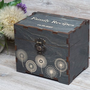 Recipe box with dandelions, dividers & 4x6 recipe cards  Personalized engraved wood box Bridal shower decor Mothers day gift Christmas