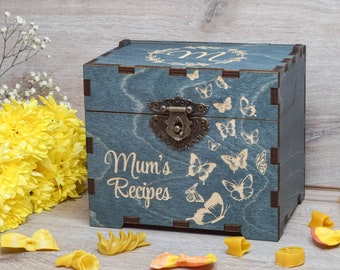 Recipe box with butterflies, dividers & 4x6 recipe cards Personalized engraved wood box Bridal shower decor Mothers day gift Christmas