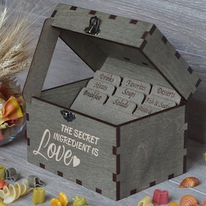 4x6 Recipe box with dividers and recipe cards Personalized Engraved wood box Bridal shower Wedding Housewarming Mothers day Christmas gift