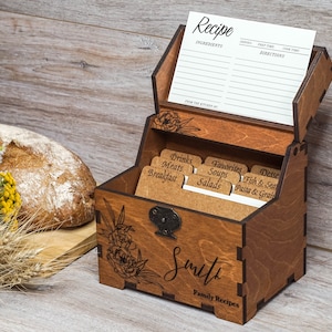 Recipe box with peonies, dividers & 4x6 recipe cards Phone stand Personalized engraved wood box with peony Bridal shower Mothers day