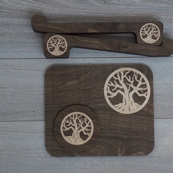 Portable Wood Laptop Stand with Mouse Pad & Coaster Tree of Life Custom Notebook Stand Engraved MacBook Gift for Groomsmen Dad Men for Him