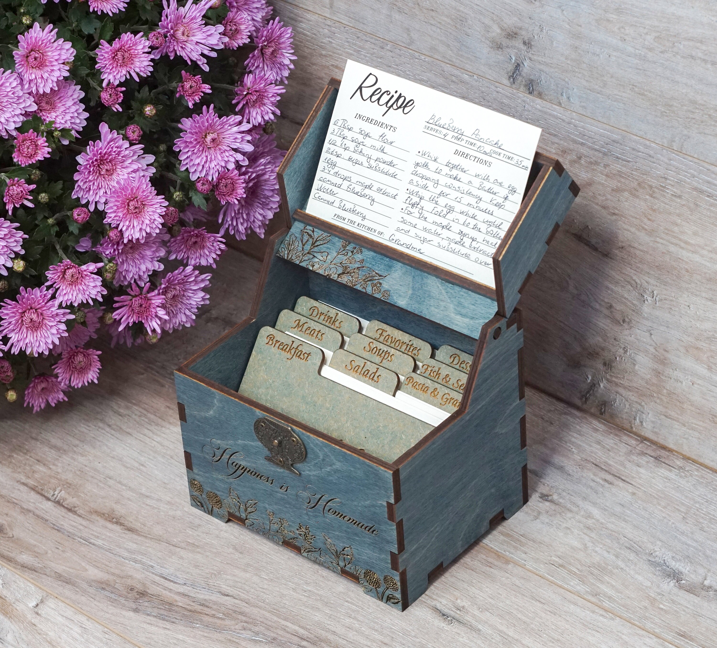 Rustic Recipe Box Labels Recipe Box With Floral Frame, Dividers & 4x6 Recipe Cards Personalized ...