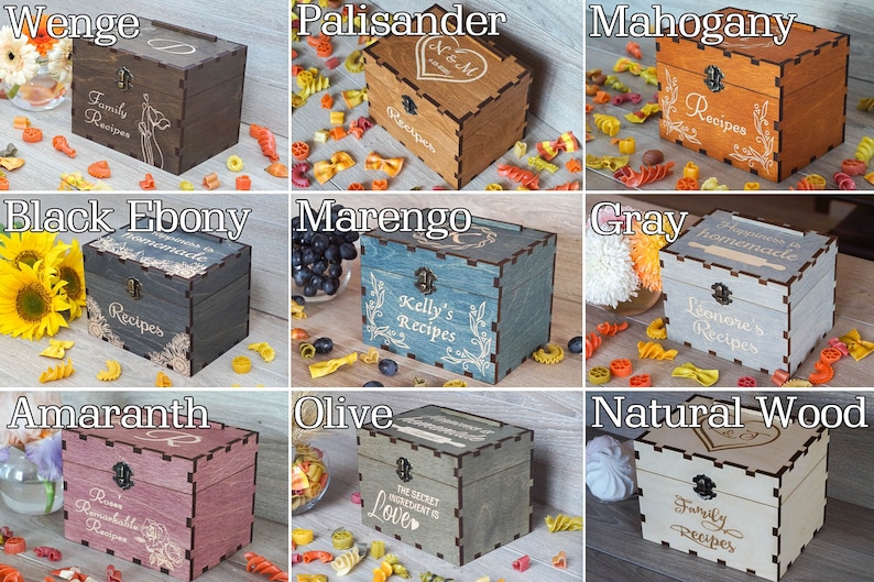 Pode incluir: Nove caixas de receitas de madeira em diferentes manchas de madeira, cada uma com um design e texto gravado diferente. As caixas est&atilde;o dispostas em tr&ecirc;s filas de tr&ecirc;s. A fila superior apresenta Wengu&eacute;, Palisandro e Mogno. A fila do meio apresenta &Eacute;bano preto, Marengo e Cinza. A fila inferior apresenta Amaranto, Oliva e Madeira natural.