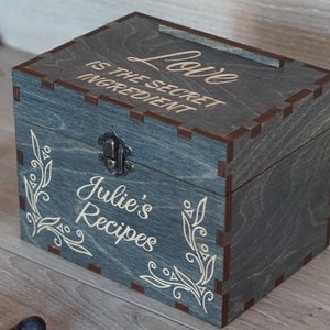 4x6 Recipe box with dividers and recipe cards Personalized Engraved wood box Bridal shower Wedding Housewarming Mothers day Christmas gift