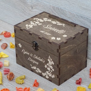 4x6 Recipe box with dividers and recipe cards Personalized Engraved wood box Bridal shower Wedding Housewarming Mothers day Christmas gift