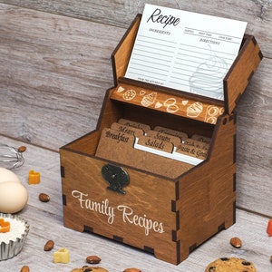 Recipe box with dividers & 4x6 recipe cards with cupcakes Personalized engraved wood box Bridal shower decor Mothers day gift Christmas