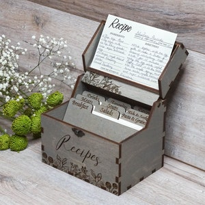 Recipe Box With Floral, Dividers & 4x6 Recipe Cards Personalized Dark Engraved Wood Box for Bridal Shower, Mothers Day Gift