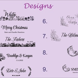 Pode incluir: Nove designs diferentes para placas de madeira personalizadas. Os designs apresentam v&aacute;rios elementos florais, nomes e datas. Alguns designs incluem o texto "The Whites", "Merry Christmas", "The Fishers", "Brooklyn & Keegan", "Kate & John", "Chris & Katelyn", "The Wilsons", "B & M" e "K & J SMITH".