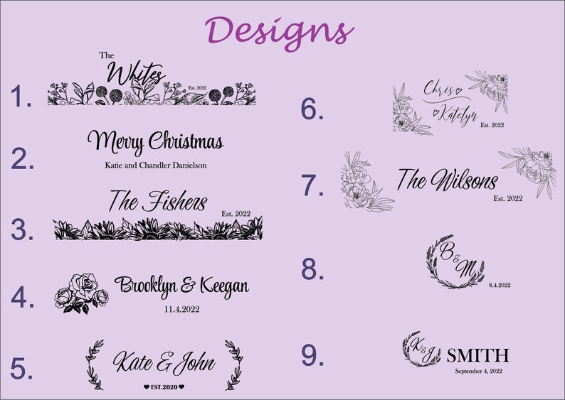 Pode incluir: Nove designs diferentes para placas de madeira personalizadas. Os designs apresentam v&aacute;rios elementos florais, nomes e datas. Alguns designs incluem o texto "The Whites", "Merry Christmas", "The Fishers", "Brooklyn & Keegan", "Kate & John", "Chris & Katelyn", "The Wilsons", "B & M" e "K & J SMITH".