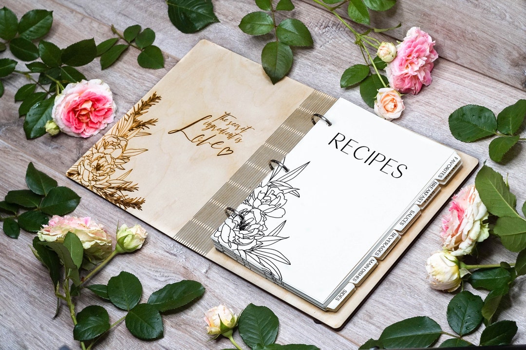 Personalized Wood Recipe Book With Tab Dividers, Peonies, Custom ...