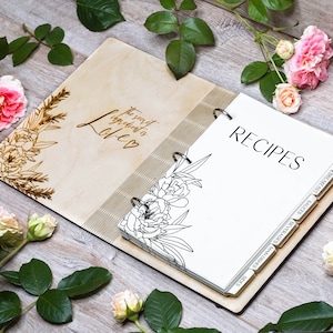 Personalized Wood Recipe Book With Tab Dividers, Peonies, Custom Cookbook Binder, Engraved Wooden Book, Cooking Journal, Mothers Day Gift