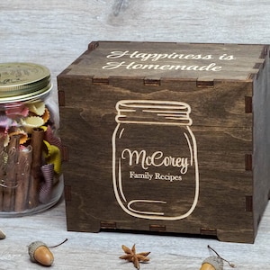 Recipe box with dividers & 4x6 recipe cards with Jar Personalized engraved wood box Bridal shower decor Mothers day gift Christmas