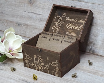 Wedding Guest Box With 6 Dividers, Personalized Engraved Wood Box, Alternative Guest Book, Rustic Wooden Card Box, Wedding Advice Box