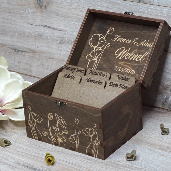 Boîte d'invité de mariage avec 6 séparateurs, boîte en bois gravée personnalisée, livre d'or alternatif, boîte pour cartes en bois rustique, boîte de conseils de mariage