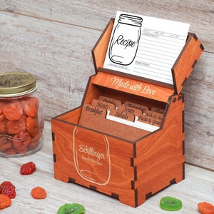 Recipe box with dividers & 4x6 recipe cards with Jar Personalized engraved wood box Bridal shower decor Mothers day gift Christmas