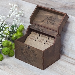 Recipe Box With Floral Frame, Dividers & 4x6 Recipe Cards Personalized Dark Engraved Wood Box for Bridal Shower, Mothers Day Gift
