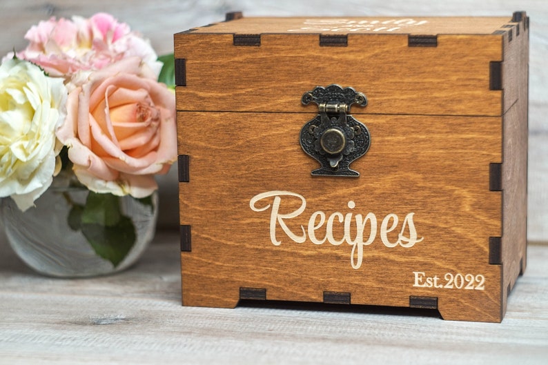 Recipe box with dividers & 4x6 recipe cards Personalized engraved wood box Bridal shower decor Mothers day gift Christmas image 5