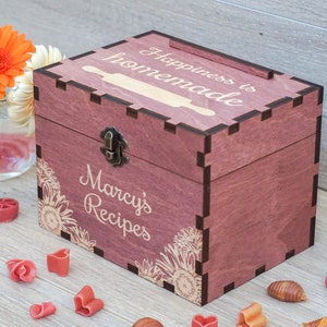 4x6 Recipe box with dividers and recipe cards Personalized Engraved wood box Bridal shower Wedding Housewarming Mothers day Christmas gift