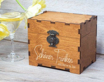 Cocktail recipe box with dividers & 4x6 recipe cards Personalized engraved wood box Bartender gift Bar wooden box with engraved drinks