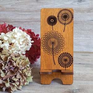 Wood Phone Holder with Dandelions For Desk, Personalized Engraved Phone Stand, Wooden Phone Docking Station, Desk Accessory, iPhone Holder