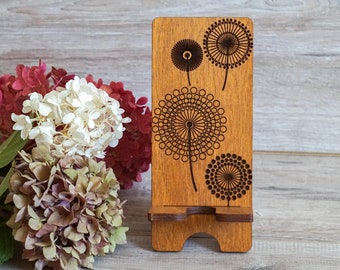 Wood Phone Holder with Dandelions For Desk, Personalized Engraved Phone Stand, Wooden Phone Docking Station, Desk Accessory, iPhone Holder