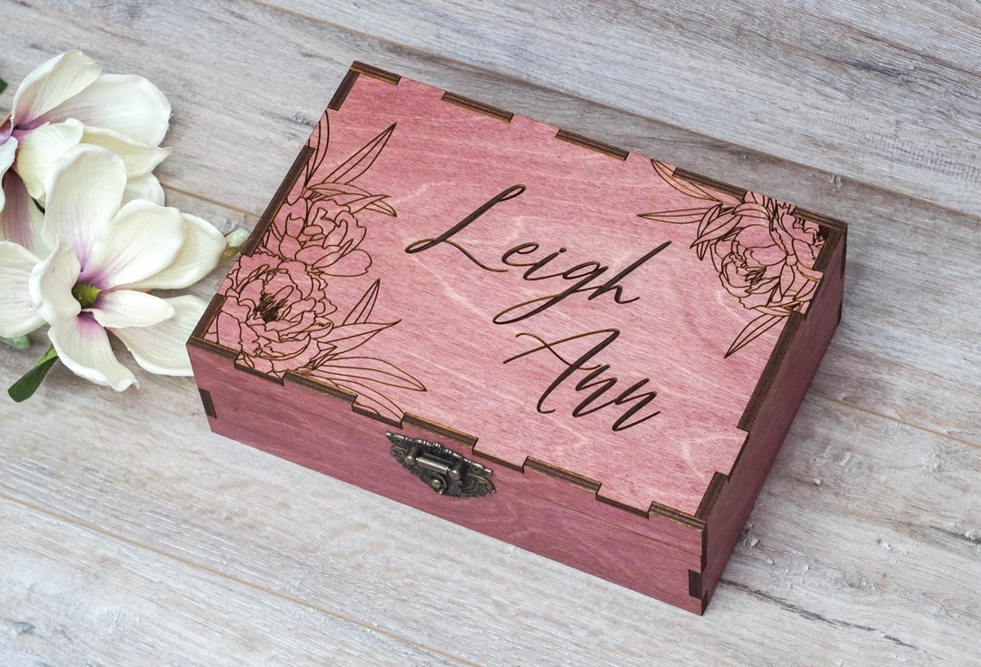Personalized Wood Keepsake Box With Peonies, Engraved Wood Memory Box, Custom Wedding Gift