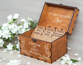 4x6 Recipe box with dividers and recipe cards Personalized Engraved wood box Bridal shower Wedding Housewarming Mothers day Christmas gift