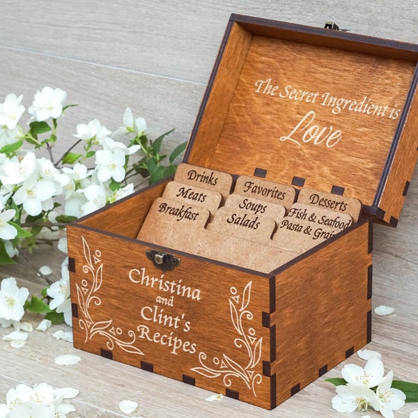 4x6 Recipe box with dividers and recipe cards Personalized Engraved wood box Bridal shower Wedding Housewarming Mothers day Christmas gift