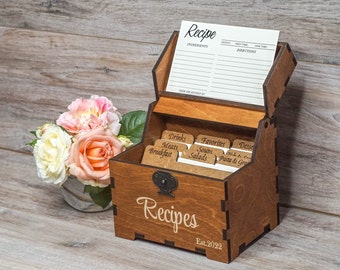 Recipe box with dividers & 4x6 recipe cards Personalized engraved wood box Bridal shower decor Mothers day gift Christmas