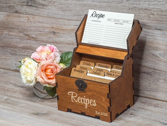 Recipe Box With Dividers & 4x6 Recipe Cards Personalized Engraved Wood Box  Bridal Shower Decor Mothers Day Gift Christmas 